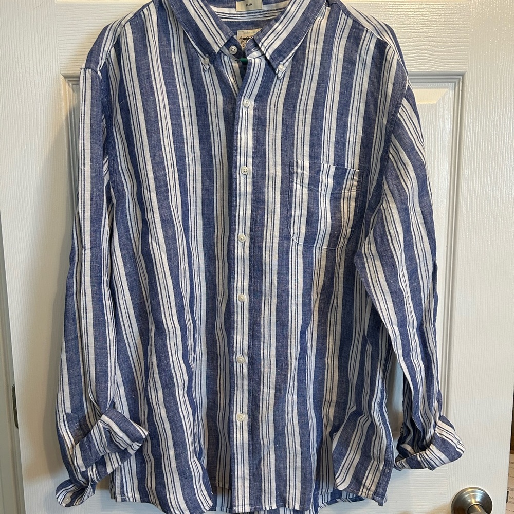 J. Crew Women’s Blue and White Striped Button-Up Shirt Irish Linen
